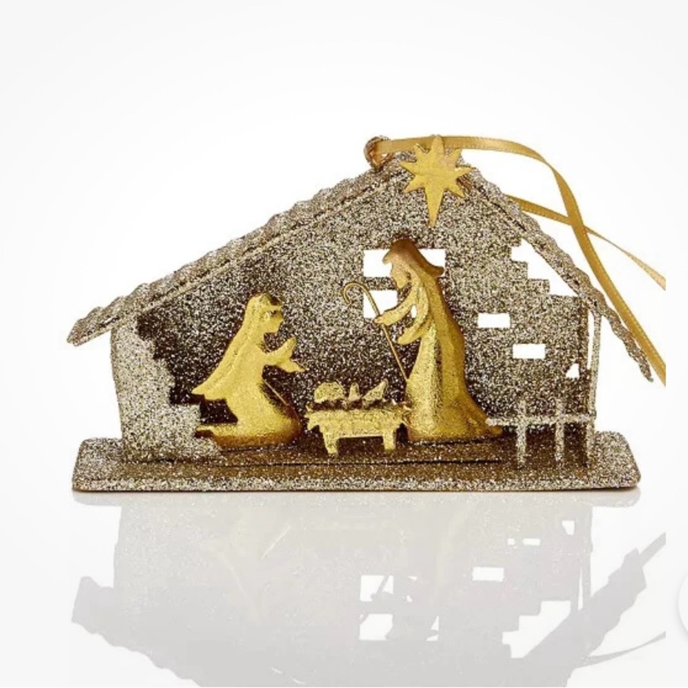 Macys Holiday Lane Glitter Manger Scene Ornament Silver & Gold NWT